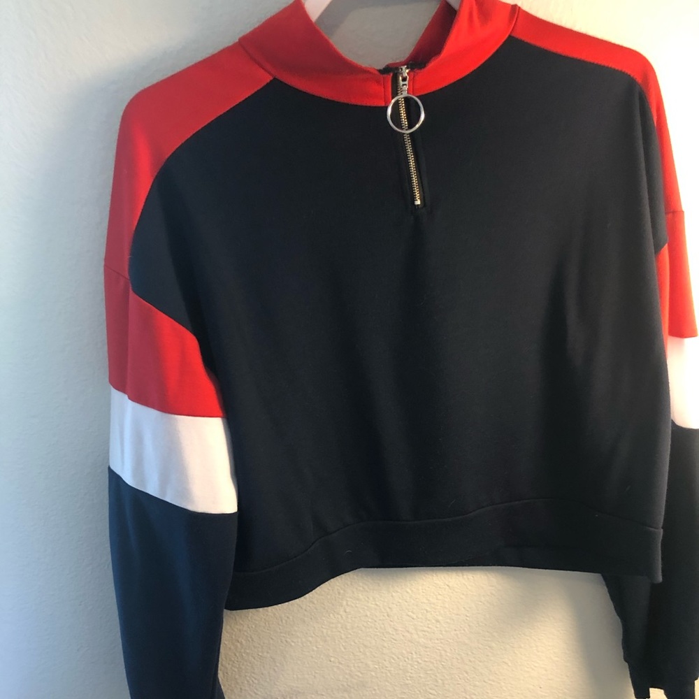Red white and blue half zip crop top